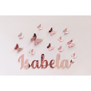 Aplique Letreiro reforçado nome para parede acrílico com borboletas 3D em acrílico em Oferta na Shopee