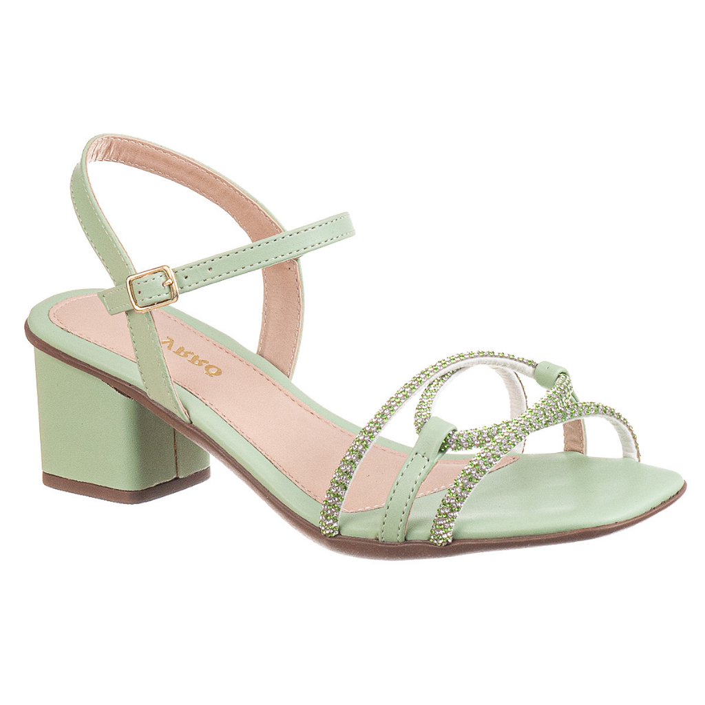 Sandália Feminina Salto Quadrado Médio Bloco Tira de Strass Chyrro