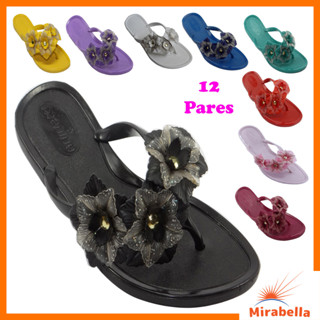 Kit c/ 12 Pares Chinelo Feminino Flores Glitter Sandálias Rasteirinhas Revenda