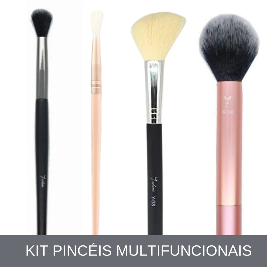 Pincéis Multifuncionais Automaquiagem Iniciante Kit com 4 Pincel Esfumar Pincel Iluminador Pincel Contorno Pincel Blush