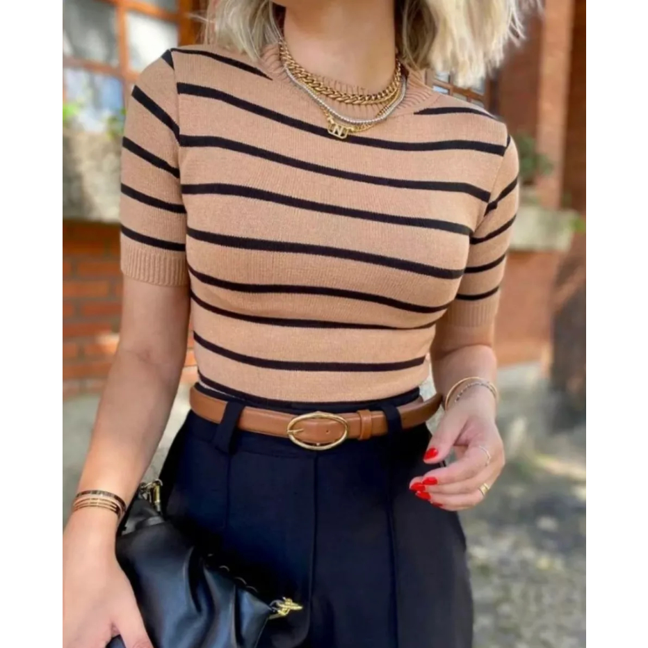 Blusa Cropped Trico Feminino Modal Manga Curta Listrada Moda