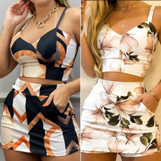 Conjunto de verão duas peças cropped e short saia com bojo roupas moda feminina