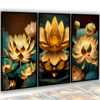 Quadros Decorativos Flor Lótus Gold Dourado Flores Luxo Mdf Sala Escritório