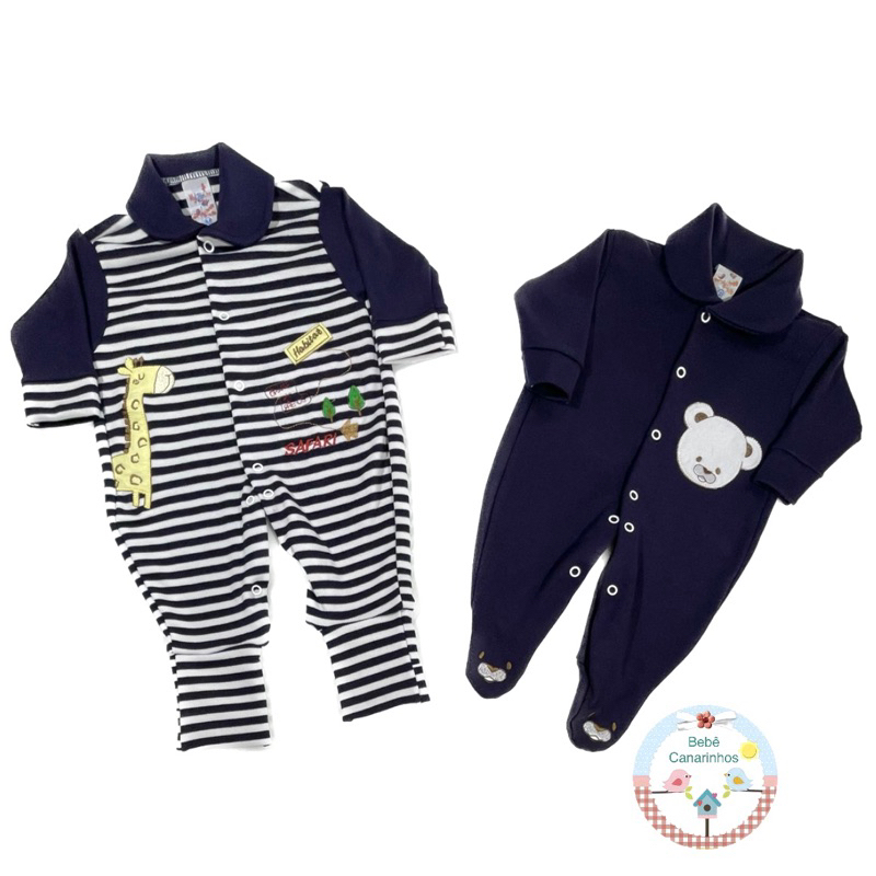 Kit 2 Macacões Bebê Bordado Listrado e Urso Menino 100% Algodão Suedine P M G. Pé Reversível e Redondo!