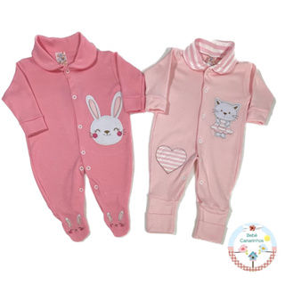 KiT 2 Macacões Bebê Menina Coelha e Gata 100% Algodão Suedine Pé Redondo e Reversível P M G . em Oferta na Shopee