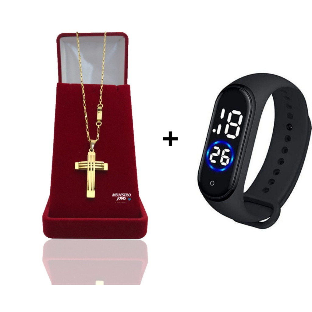 Corrente Infantil Menino Cordão Tijolinho - 1.5mm banhado Ouro 18 k com Pingente  Cruz Europeia +  Relógio De Pulso Digital Com LED Prova D'água Corrente Masculina Infantil