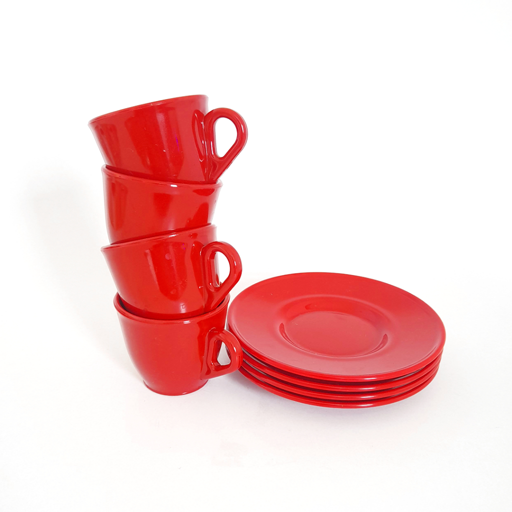 Conjunto 6 Xícara Café Chá Acrílico 50 ml com 6 Pires Vermelho Acrílico