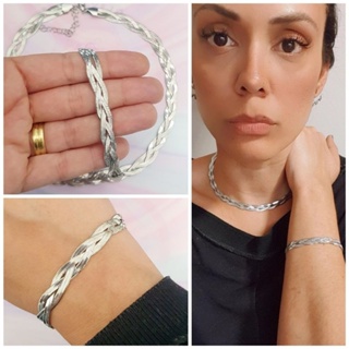 Colar pulseira trançada aço inox trançado fio fios conjunto feminina inoxidável gargantilha 3 fios em Oferta na Shopee