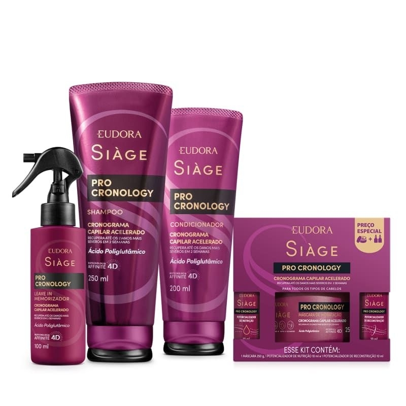 Combo Siàge Pro Cronology Cronograma Capilar Acelerado Completo (4 itens) Shampoo + Condicionador + Kit Cronograma Capilar Acelerado Siàge Pro Cronology (3 itens) + Leave in - Eudora