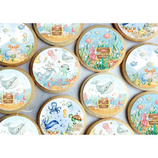 Papel arroz CORTADO para Pirulito de Isomalt ou Cupcake ou Bolacha ou Chocolate 5cm com 20 imagens por folha - Tema Fundo do Mar Aquarela