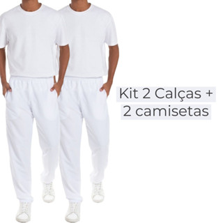Kit 2 Calca Tactel Branca e 2 Camisa Poliester Branca Manga Curta