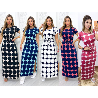 Vestidos Longo Lateral Aberta Em Baixo Com Manga Estampa De Poa /G009