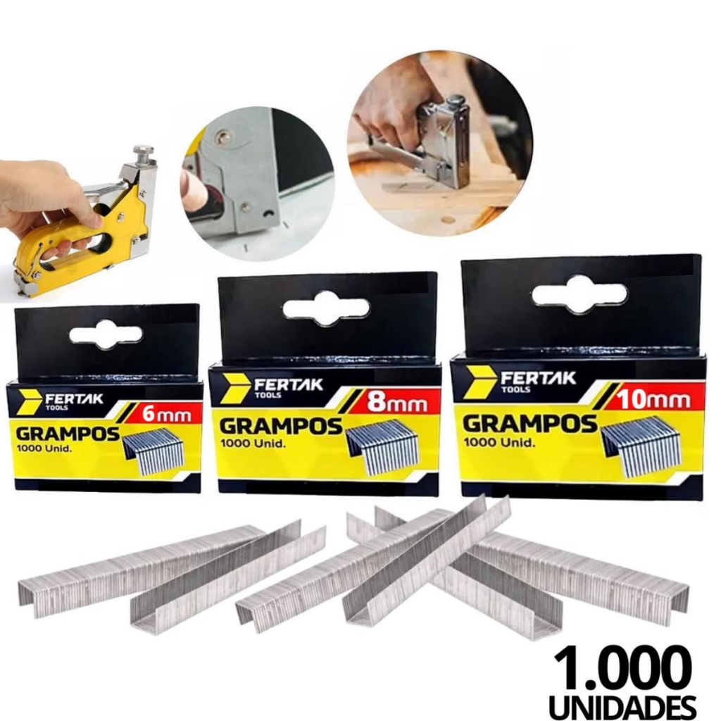 Grampos Para Grampeador Tapeceiro - 6mm / 8mm / 10mm / Caixa com 1000 Unidades de Grampos - Fertak