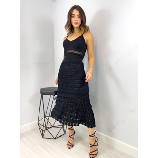 Vestido Midi Tricot Babado com Forro Vestido Tricô 100