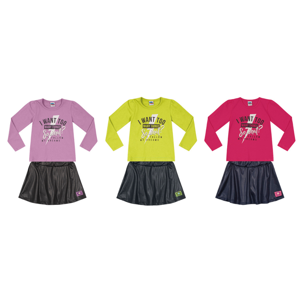 Conjunto Estampado Blusa Manga Longa E Saia Menina Kiko E Kika Conjuntinho Feminino Infantil Ref 10557