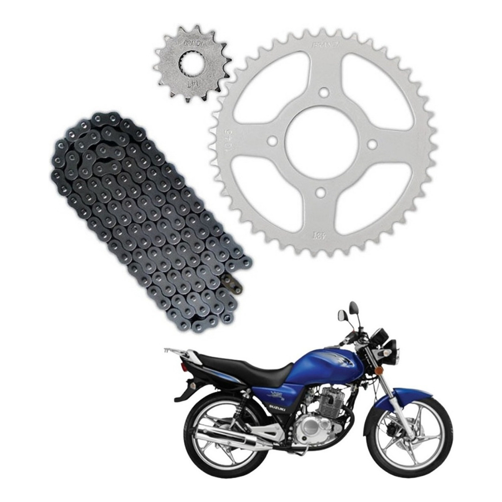 Kit Relação Transmissão completo coroa pinhão e corrente para Moto EN 125 Yes Intruder 125 Katana 125 – Brandy