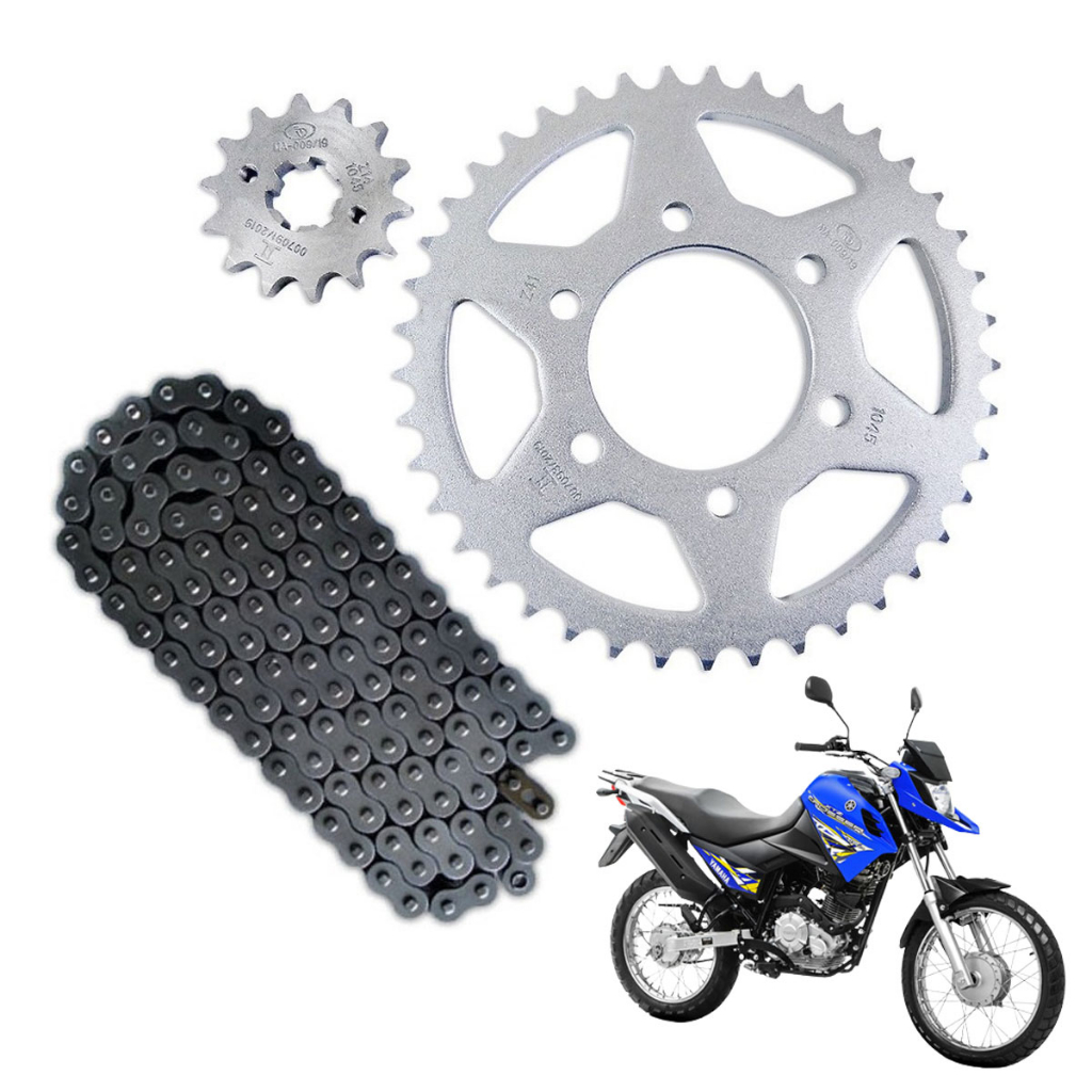 Kit Relação Transmissão completo Coroa Pinhão e Corrente para Moto XTZ 150 Crosser – Brandy