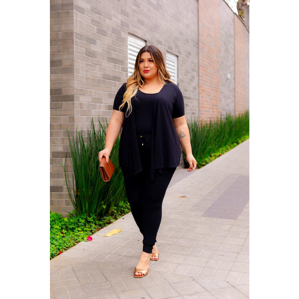 Casaco Plus Size Cardigan Manga Curta, Calça e Camisa Conjunto Kimono 25