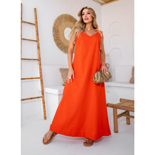Vestido feminino longo em linho elegante folgado e despojado moda primavera verão estiloso alça em corda