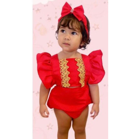 Romper jardineira menina renda dourado luxinho ensaio fotografico tam unico varias cores