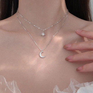 Colar Chocker Feminino Pingente de Lua e Estrela Brilhante Camada Dupla Minimalista