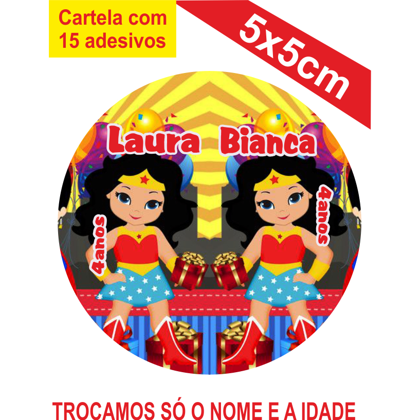 Adesivos Mulher Maravilha dupla Personalizados  5x5cm Festa Aniversário Lembrancinha