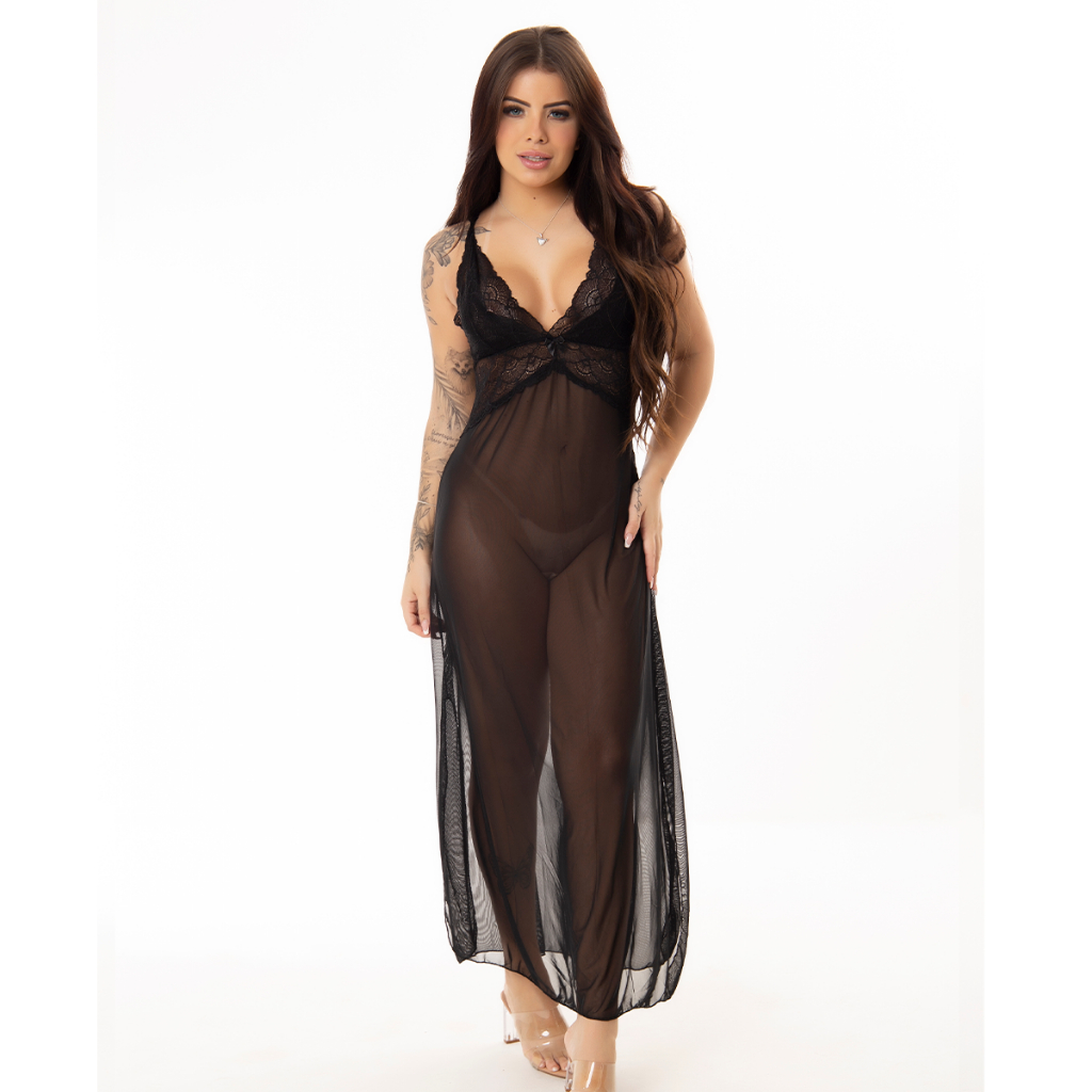 Camisola de Tule Transparente sem Bojo Sensual Elegante Longa com Renda Costas Cruzadas Vestido de Dormir Lingerie Sexy