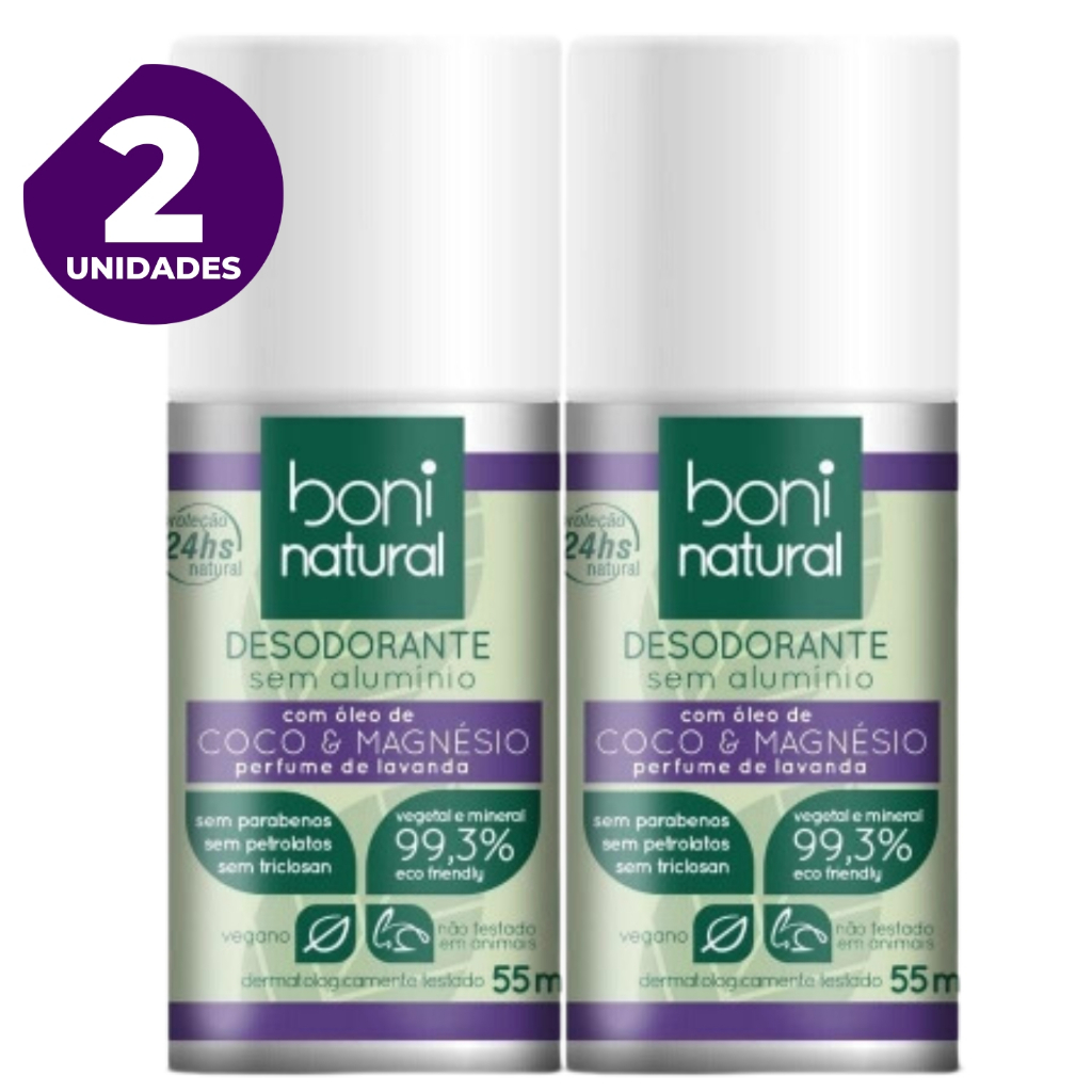 Kit 2 Desodorante Roll On Coco e Magnésio Sem Alumínio Boni Natural Vegetal 55ml