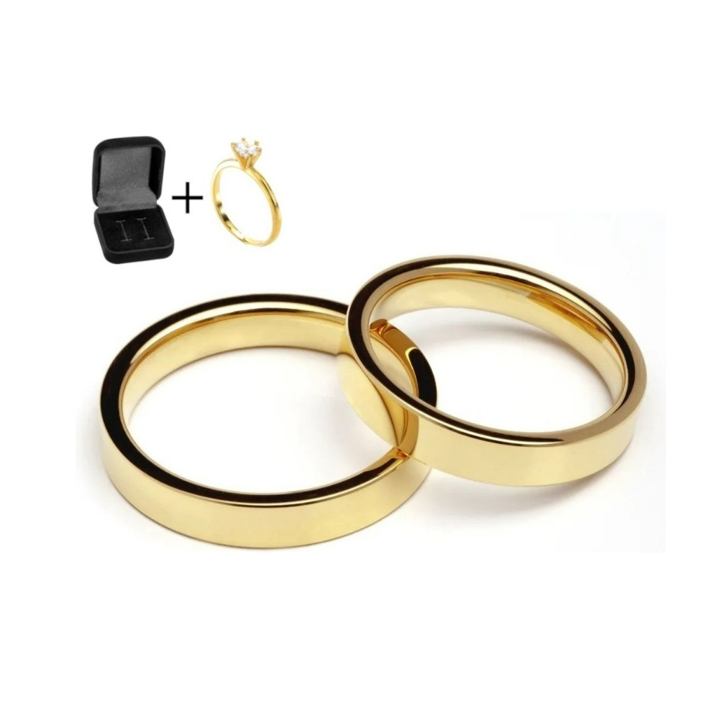 Par de Alianças Reta 4mm Moeda Antiga + Anel Solitário e Caixinha de Veludo Noivado Casamento