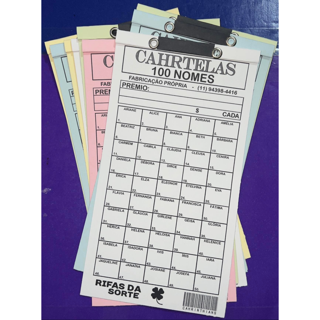 CARTELA DE RIFA 100 NOMES PCT COM 10 UNIDADES em Oferta na Shopee