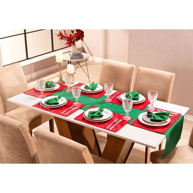 Kit Natal Mesa Posta Caminho de Mesa – Jogo Americano – Toalha 6 Lugares Verde – Verde 13 Peças