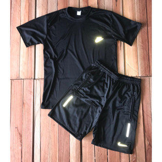 Conjunto Camisa Preta + Bermuda Refletivel Dry Fit Pra Treino e Esportes