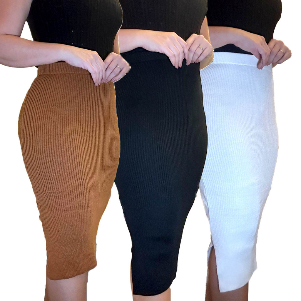 Kit 3 Peças Saia Canelada Tricot Trico Midi Moda Evangélica Fenda Lateral em Oferta na Shopee