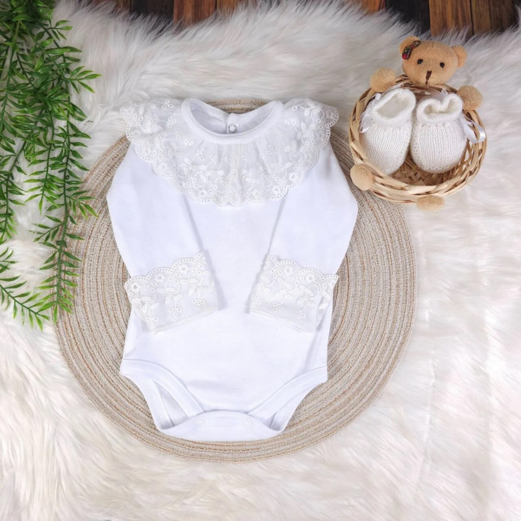 Body Bebê Luxo Gola de Renda Premium Luxo 100% Algodão Maternidade Enxoval