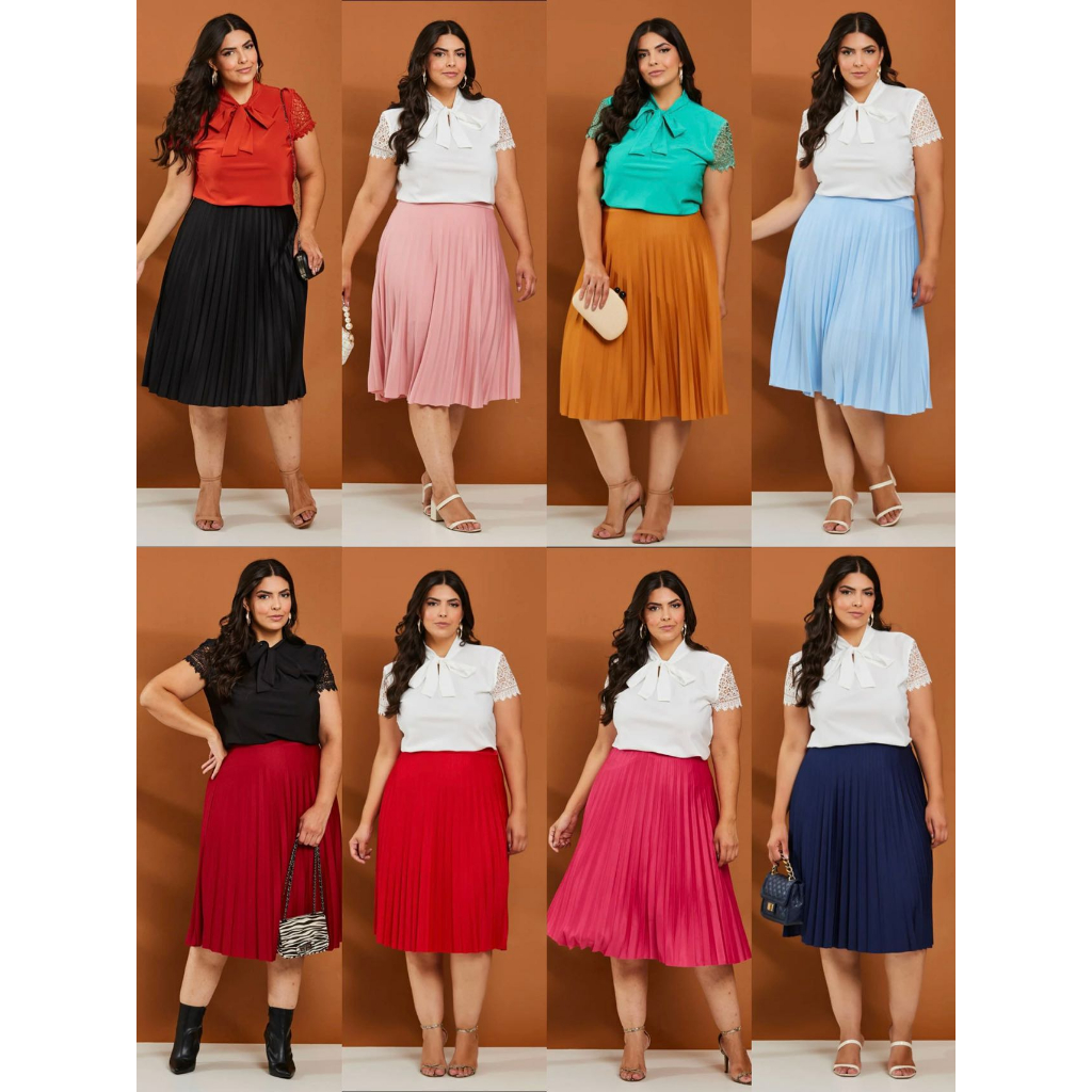Saia Midi Plissada Plus Size - Moda Evangelica-009