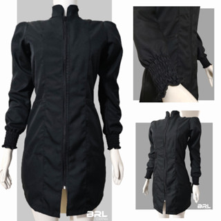 Jaleco Feminino Com Zíper Gabardine Todo PRETO , Manga Bufante , Gola Padre, Acinturado, Manga Longa Princesa