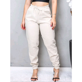 Calça Linho Jogger Feminina Elástico Cintura Alta Bolso Laterais Roupas Calças Moda Blogueira