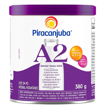 Leite em Pó Piracanjuba A2 Integral Instantâneo 380g | Lata | Sabor Natural e Nutrientes Essenciais