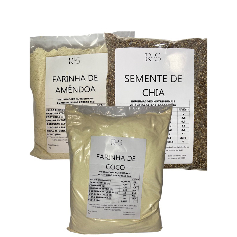 1kg Farinha de Amêndoa +1kg Farinha de Coco +1kg Semente de Chia