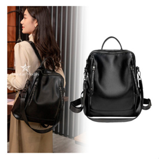 Mochila De Couro Feminina Pu Costas Preta Trabalho Escola 2 zip em Oferta na Shopee