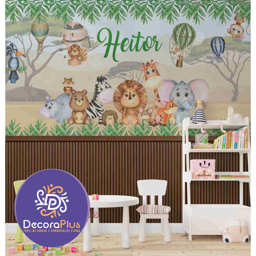 Kit 9M² Papel de Parede Foto Mural Personalizado Infantil Desenho Safari Aniversário Animais Cutes