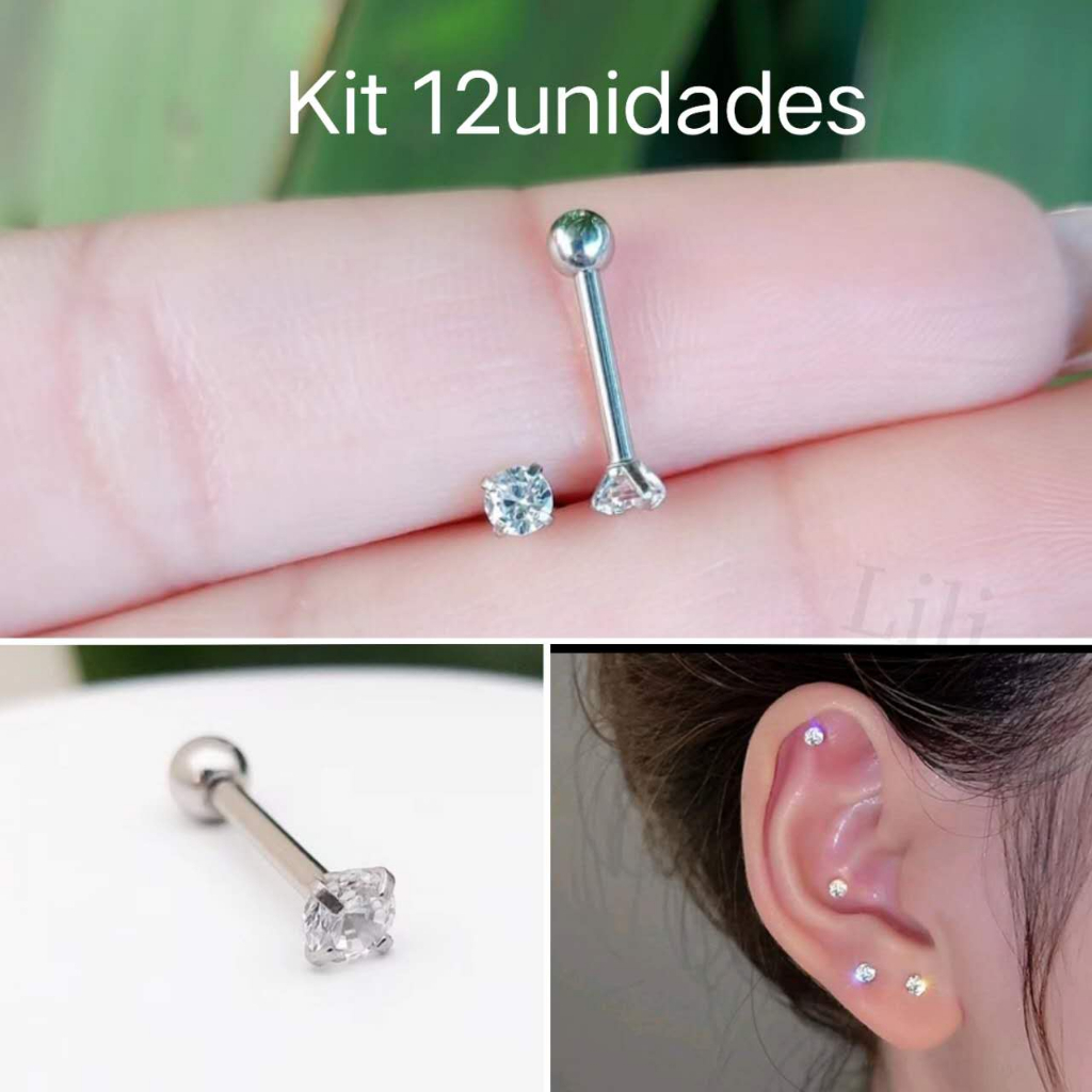 Kit 12 unidades Piercing Ponto De Luz 2.5mm (Hélix/Tragus)