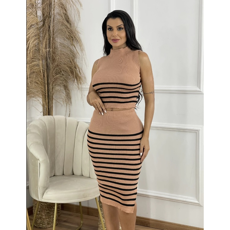 Conjunto Cropped com Saia Midi Tricot Modal Canelado / Conjunto Listrado Trico / Tendência