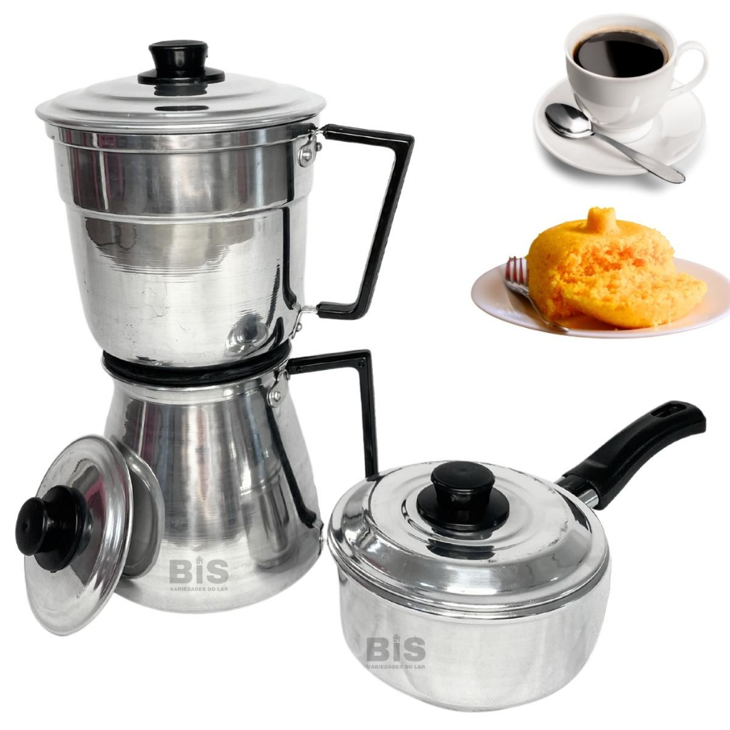 Cafeteira Multiuso 3 em 1 + Cuscuzeiro Individual Cuscuz Nordestino + Fervedor Em Aluminio
