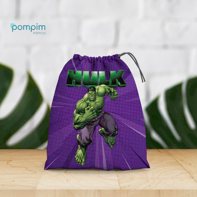 Kit Lembrancinha Sacolinha Surpresa Hulk de tecido personalizado, para festas e aniversários.