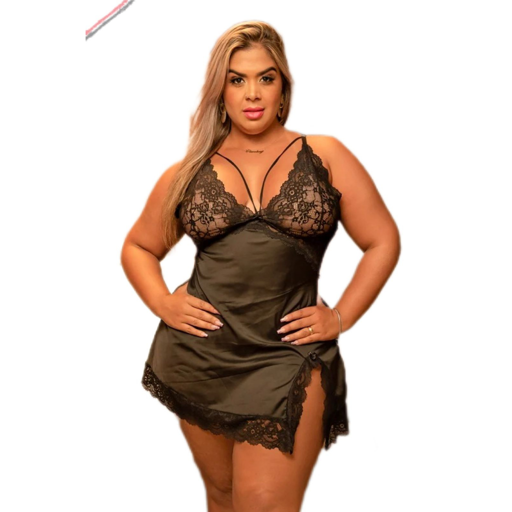Camisola Plus Size cetim preta com detalhes de renda e calcinha forro 100% algodão