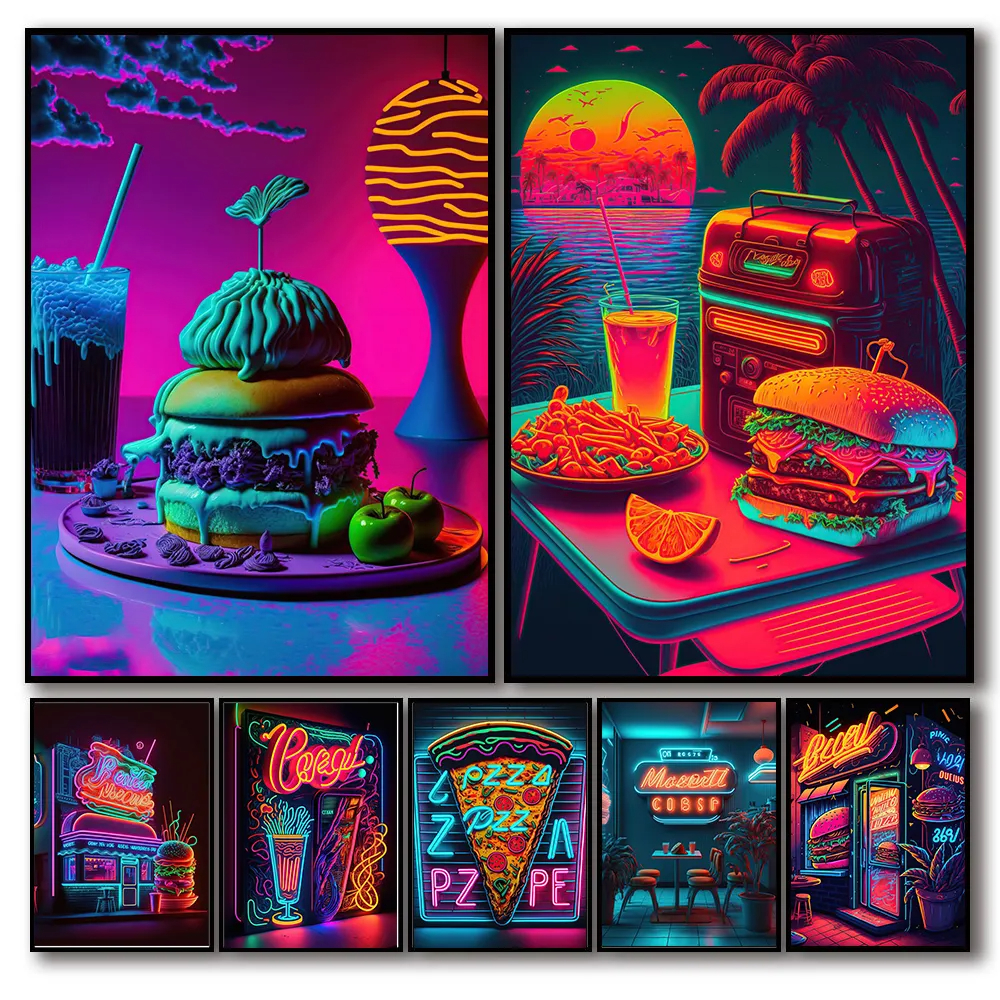 Quadro decorativo lanchonete 80s Pop estilo Neon, Comida, Bebida, Hambúrgueres, Pizza, Lanchonete