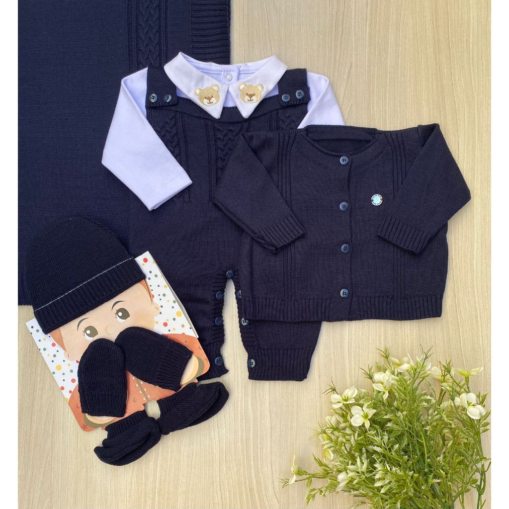 Saída De Maternidade Azul Marinho Menino Tricot + Kit Gorro em Oferta na Shopee