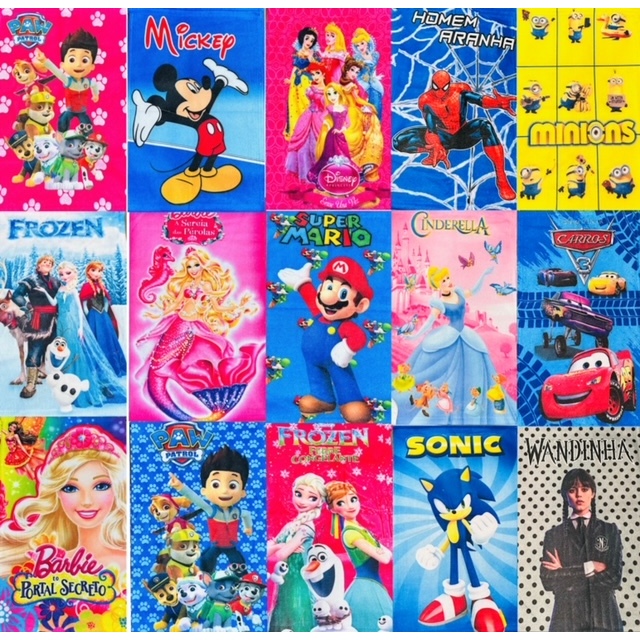 Toalha Infantil Pequena de Rosto Escolar Lancheira Estampadas Princesas, Heróis e Personagens
