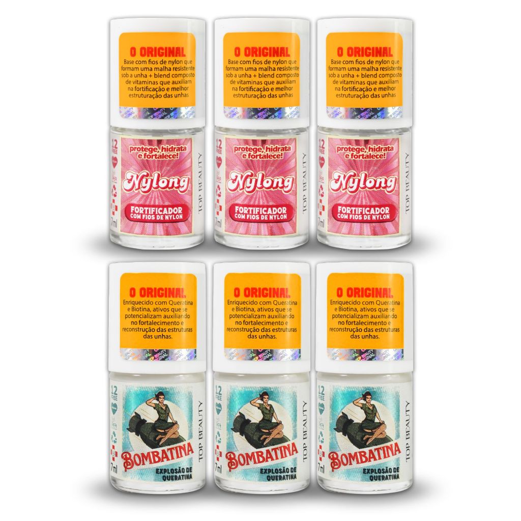 Kit 3 Bases Bombatina Explosão de Queratina + 3 Bases Nylong Fortificador p/ Unha com Fios de Nylon 12 FREE